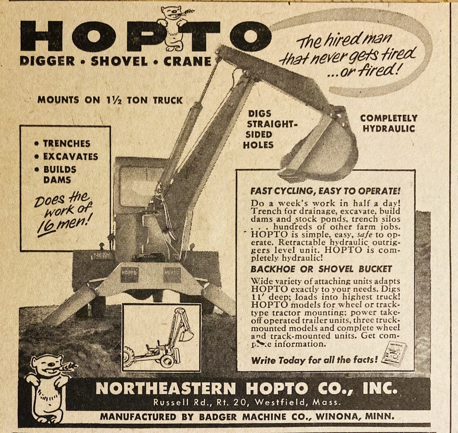 1956 AD.(XH80)~BADGER MACHINE CO. WINONA, MINN. SOLD BY HOPTO CO. WESTFIELD, MA.