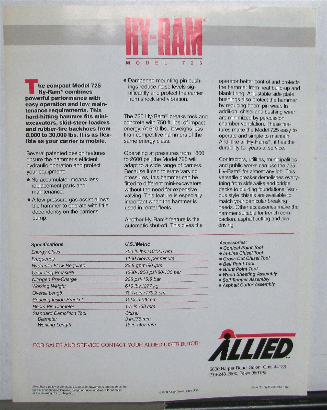 1989 Allied HY-RAM Boom Mounted Hydraulic Impact Hammer 715 Sales Data Sheet