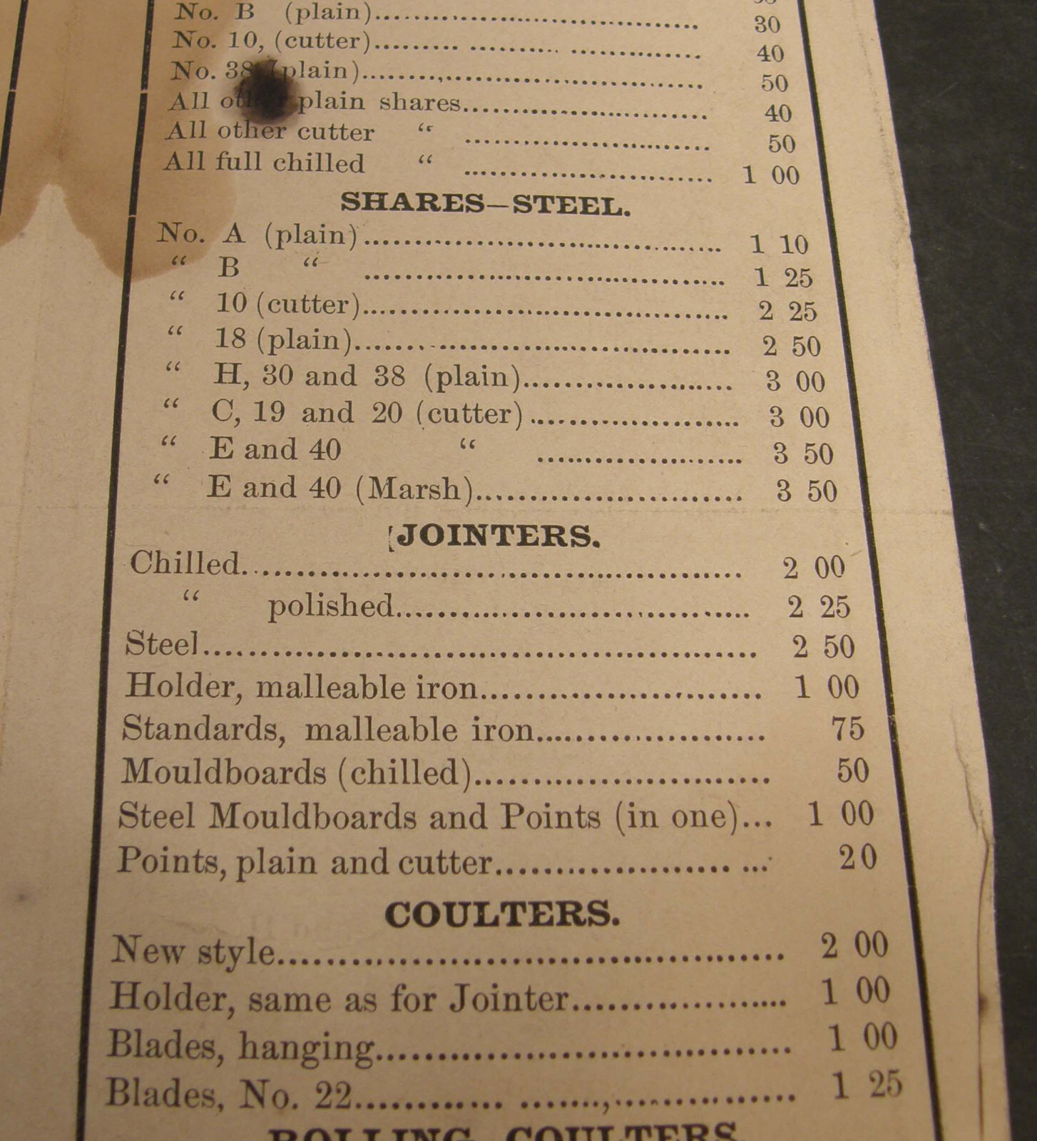 ANTIQUE 1883 PRICE LIST OLIVER AGRICULTURAL PLOW WORKS SOUTH BEND INDIANA
