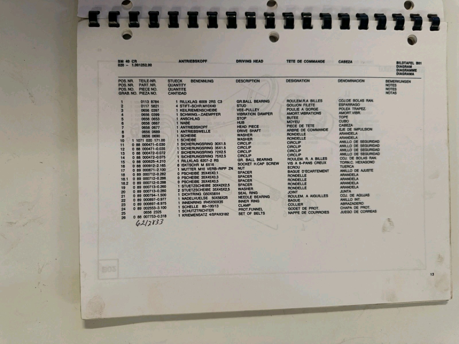 Deutz Fahr SM 40 CR Spare Parts List 1985