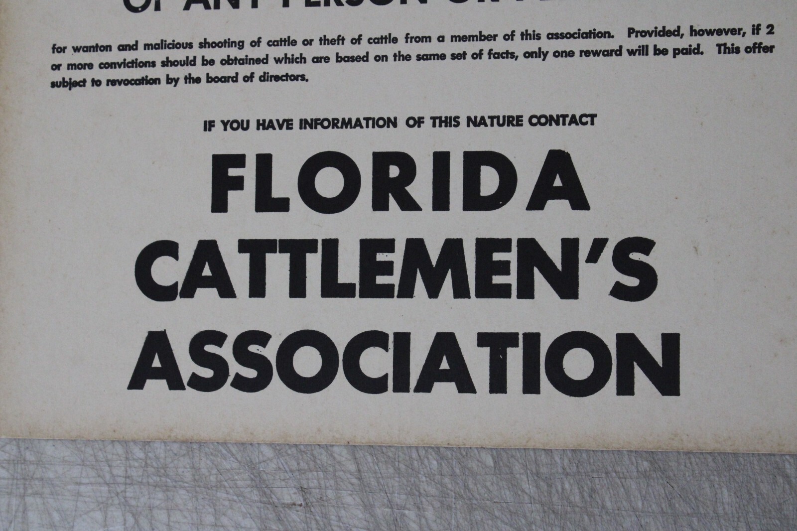 FLORIDA CATTLEMEN’S ASSOCIATION SIGN $500.00 REWARD 10.5 X 13.5