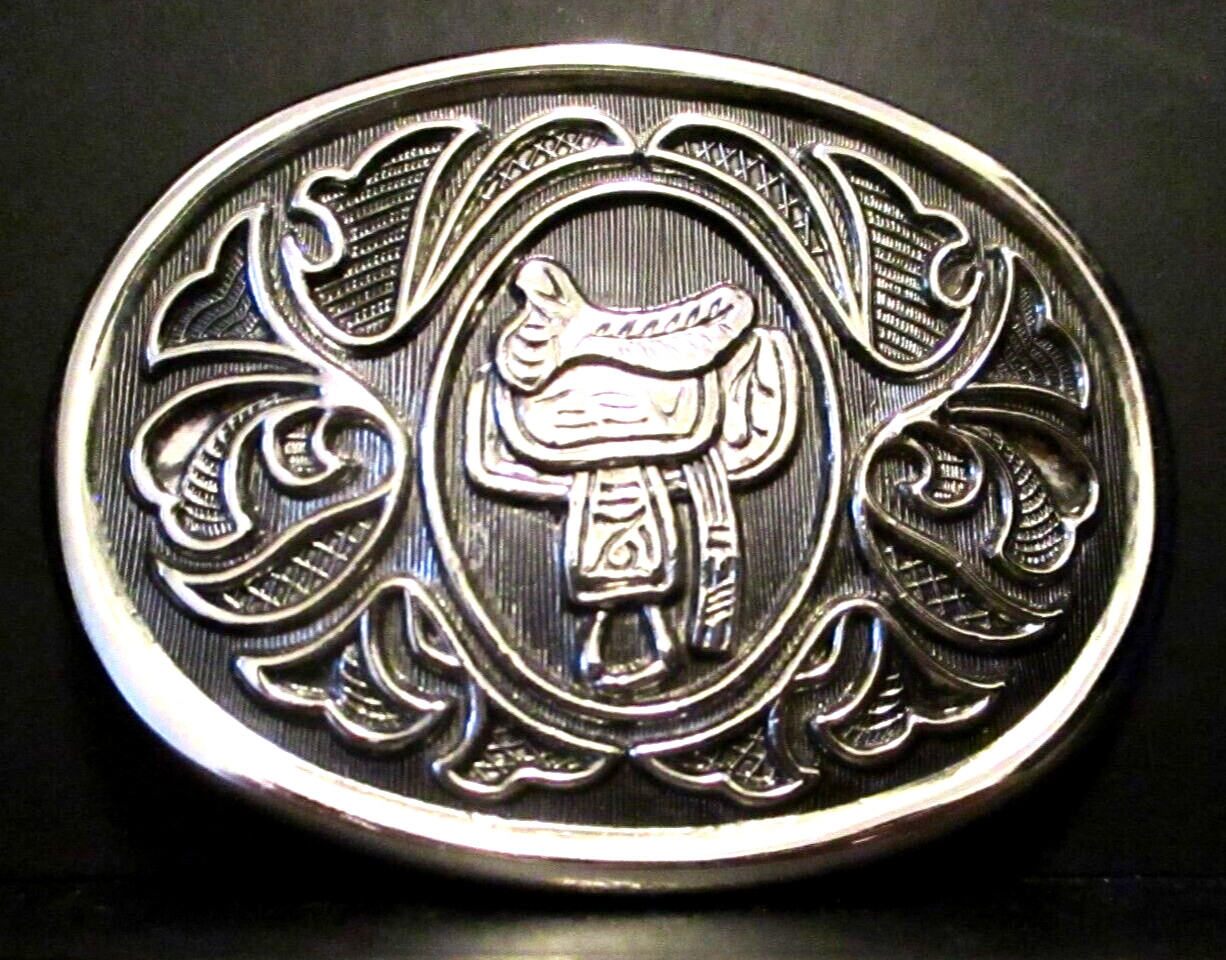 Vintage Horse Saddle Western Dress Style Silver Belt Buckle Avon 3″ x 2.25″