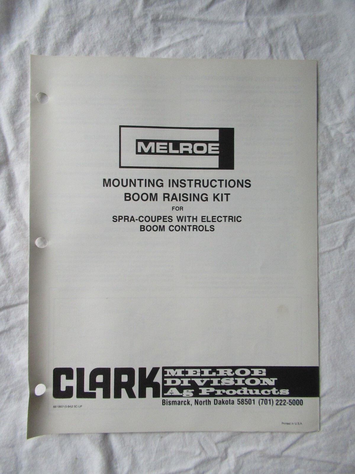 1984 Clark Melroe Spra-Coupe Boom Raising Kit Mounting Instructions Manual