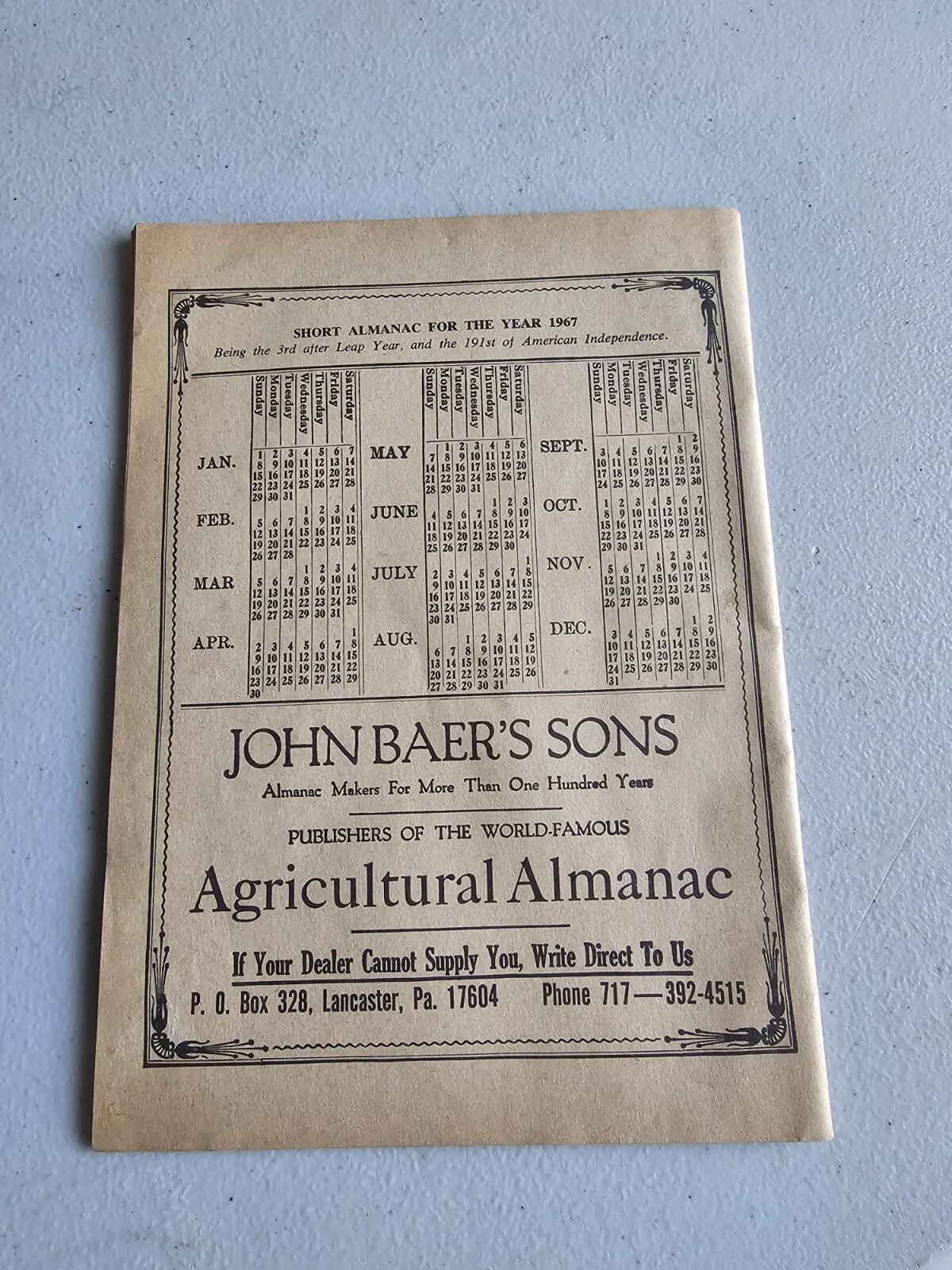 Vintage 1967 John Bear Baer’s Agricultural Almanac Lancaster PA Antique Farmers