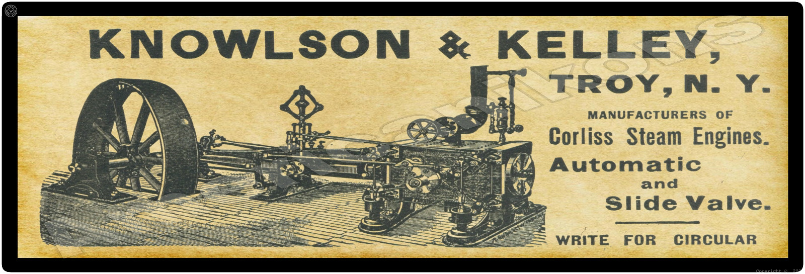 1895 Knowlson & Kelley Corliss Steam Engines New Metal Sign: Troy, New York