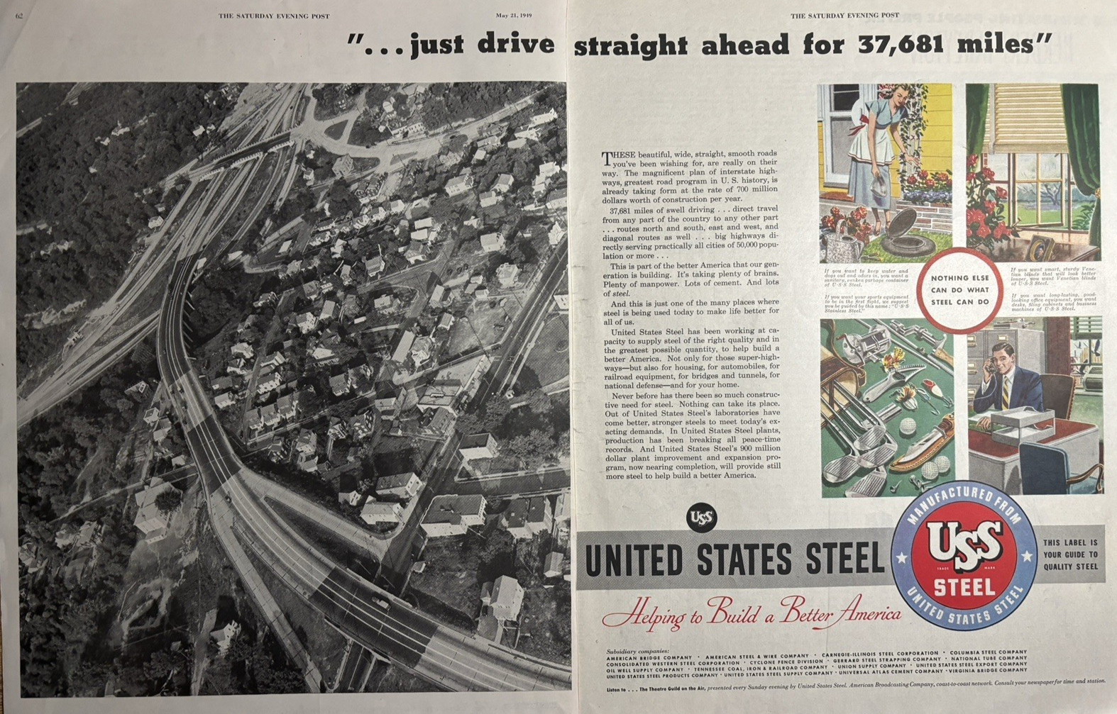 1949 United States Steel Smooth Roads Interstate Highways America VTG Print Ad