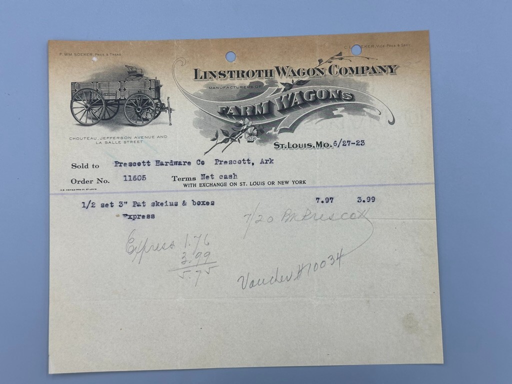 1923 LINSTROTH FARM WAGONS Advertising Illustrated Invoice ST LOUIS