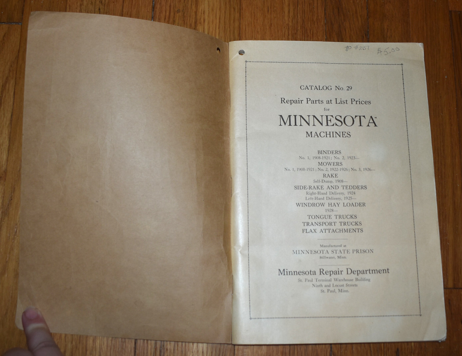 Vintage 1929 Minnesota State Prison Machines Repair Parts Catalog & Price List