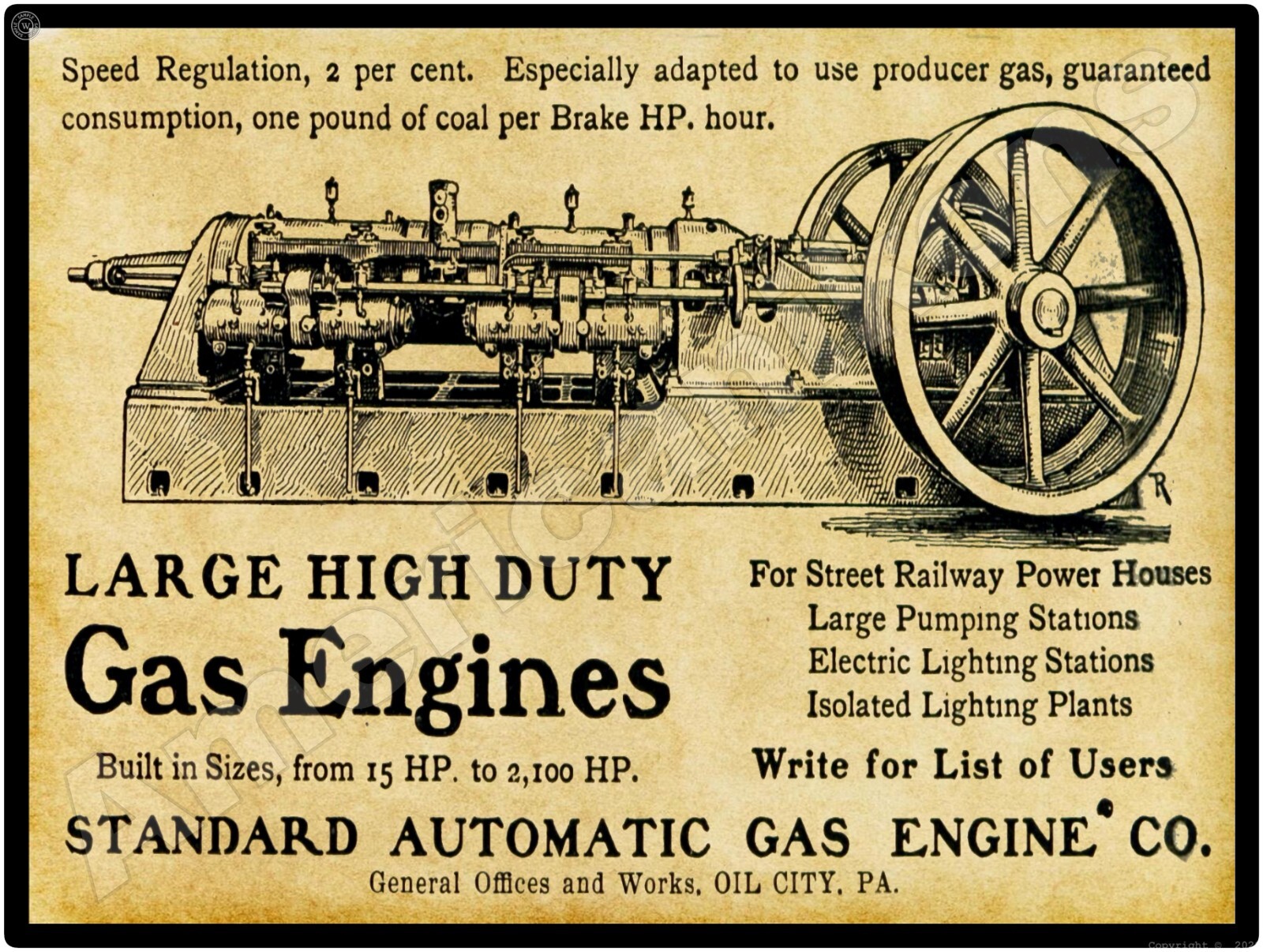 1901 Standard Automatic Gas Engines NEW Sign – 24″x30″ USA STEEL XL Size, 7 lb