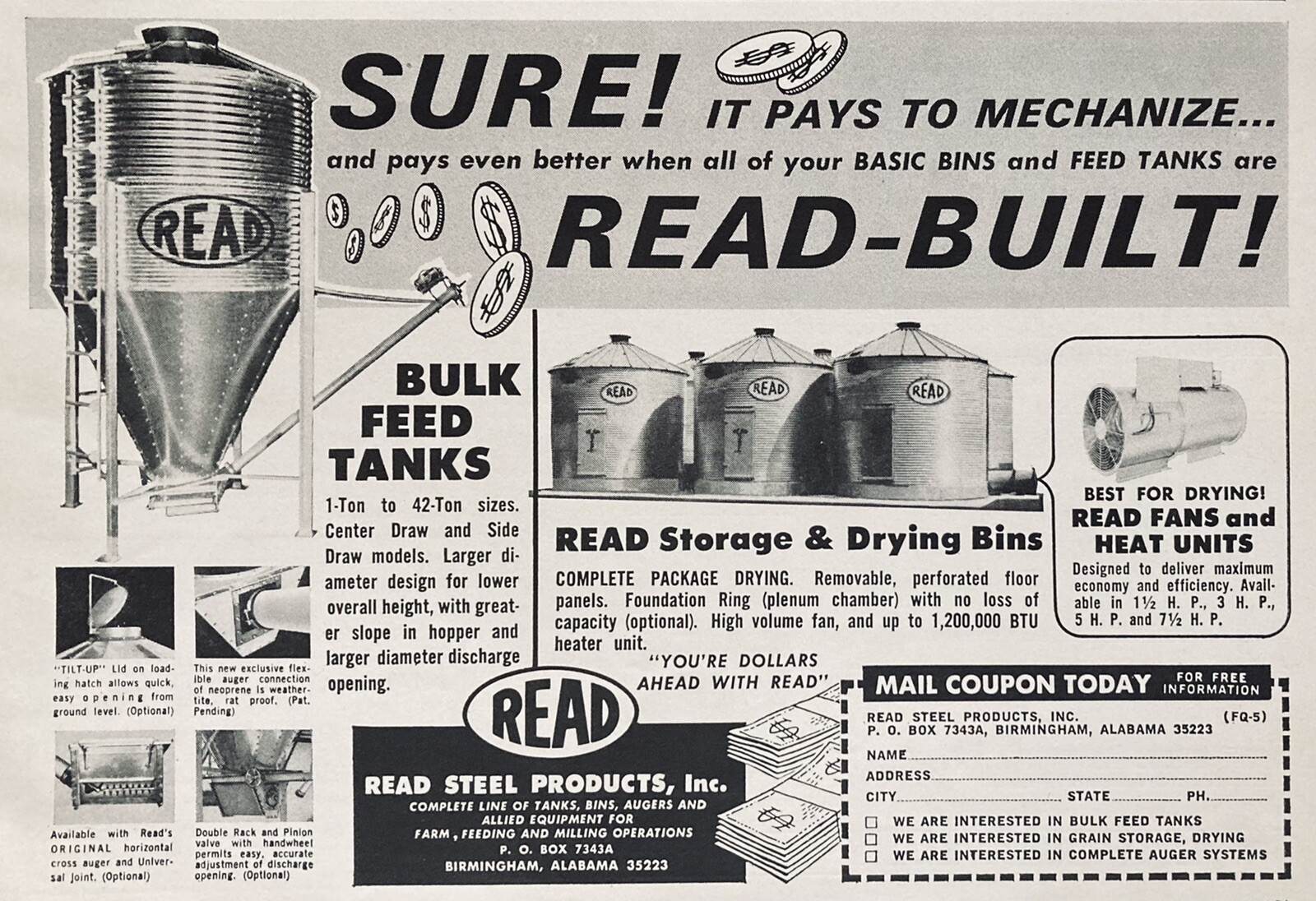 1965 AD.(XH48)~READ STEEL PRODUCTS CO. BIRMINGHAM, ALA. READ BULK FEED TANKS