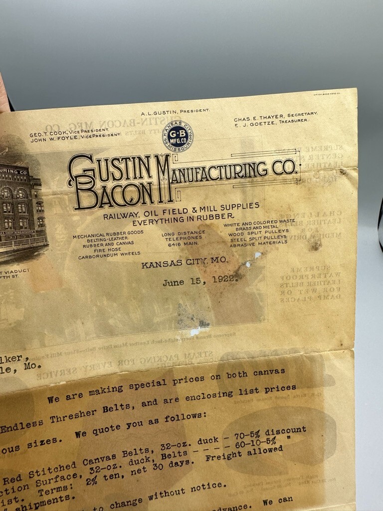 1922 Gustin Bacon FARM THRESHING Illustrated Letterhead Advertising KANSAS CITY