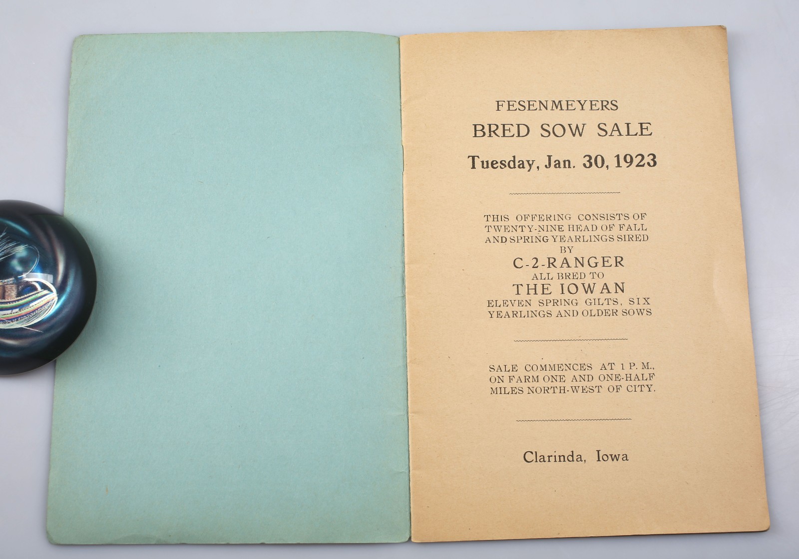 Vintage 1923 Fesenmeyer’s Bred Sow Sale Catalog Clarinda Iowa