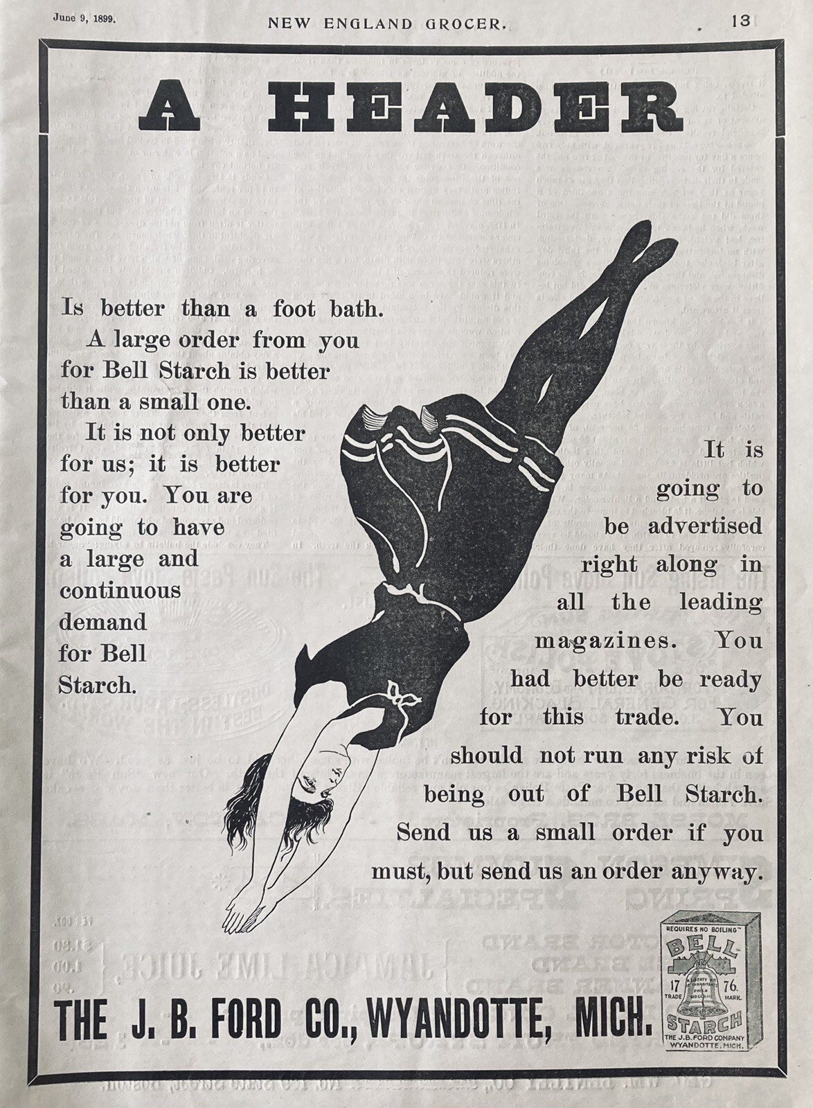 1899 AD.(XH63)~J.B. FORD CO. WYANDOTTE, MI. BELL STARCH TRADE AD.