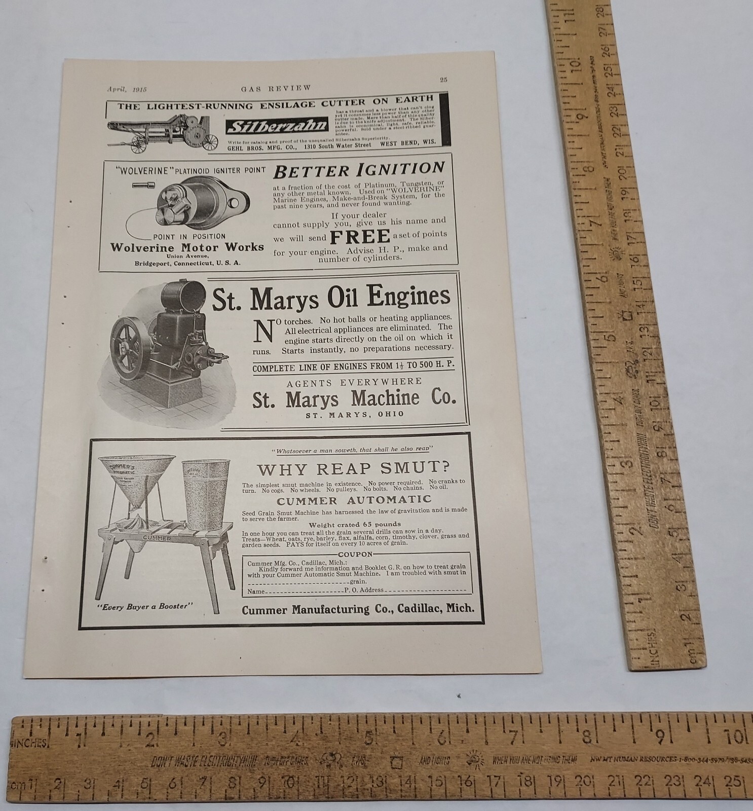 1915 – SILBERZAHN Ensilage Cutter GEHL BROS – magazine ad – listing #5817