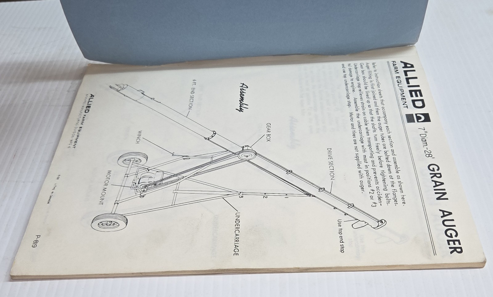 Allied Farm Equipment Operators Manual 7″ Diam. Grain Augers Vintage Brochure