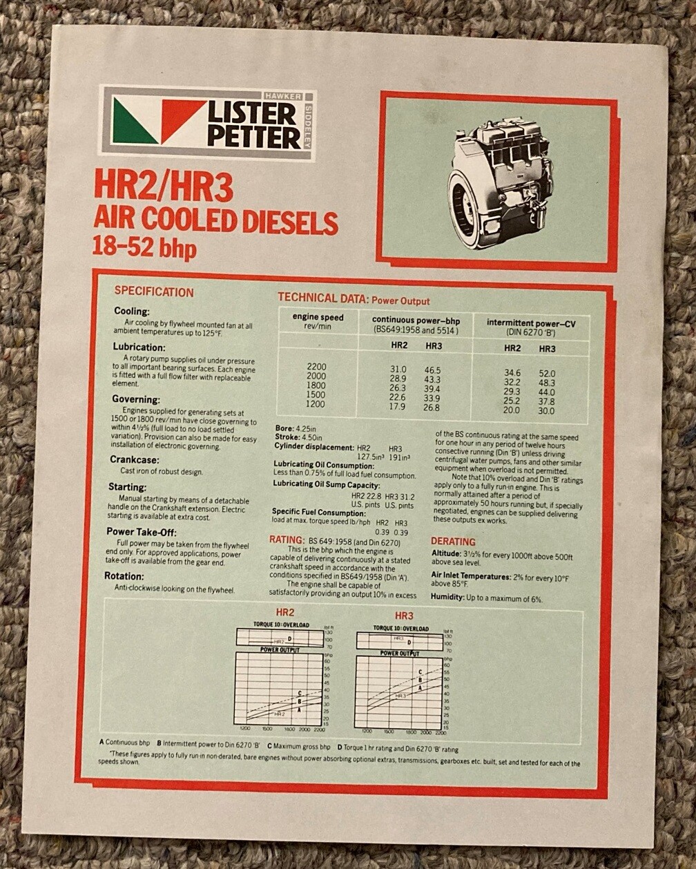 LA132 Lister Petter HR2/HR3 18-52 bhp Air Cooled Diesel Engine Sales Brochure