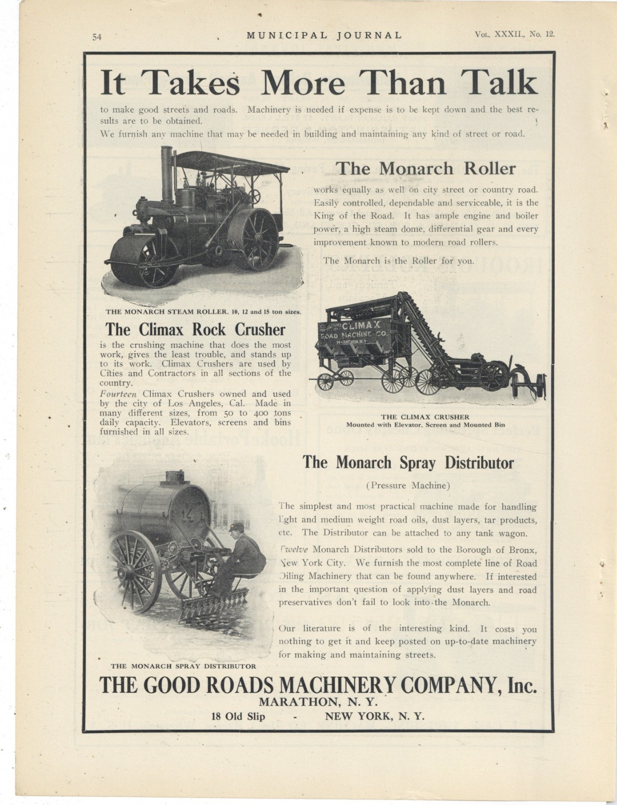 1912 Good Roads Machinery of Marathon New York Ad: Monarch Steam Roller, Crusher