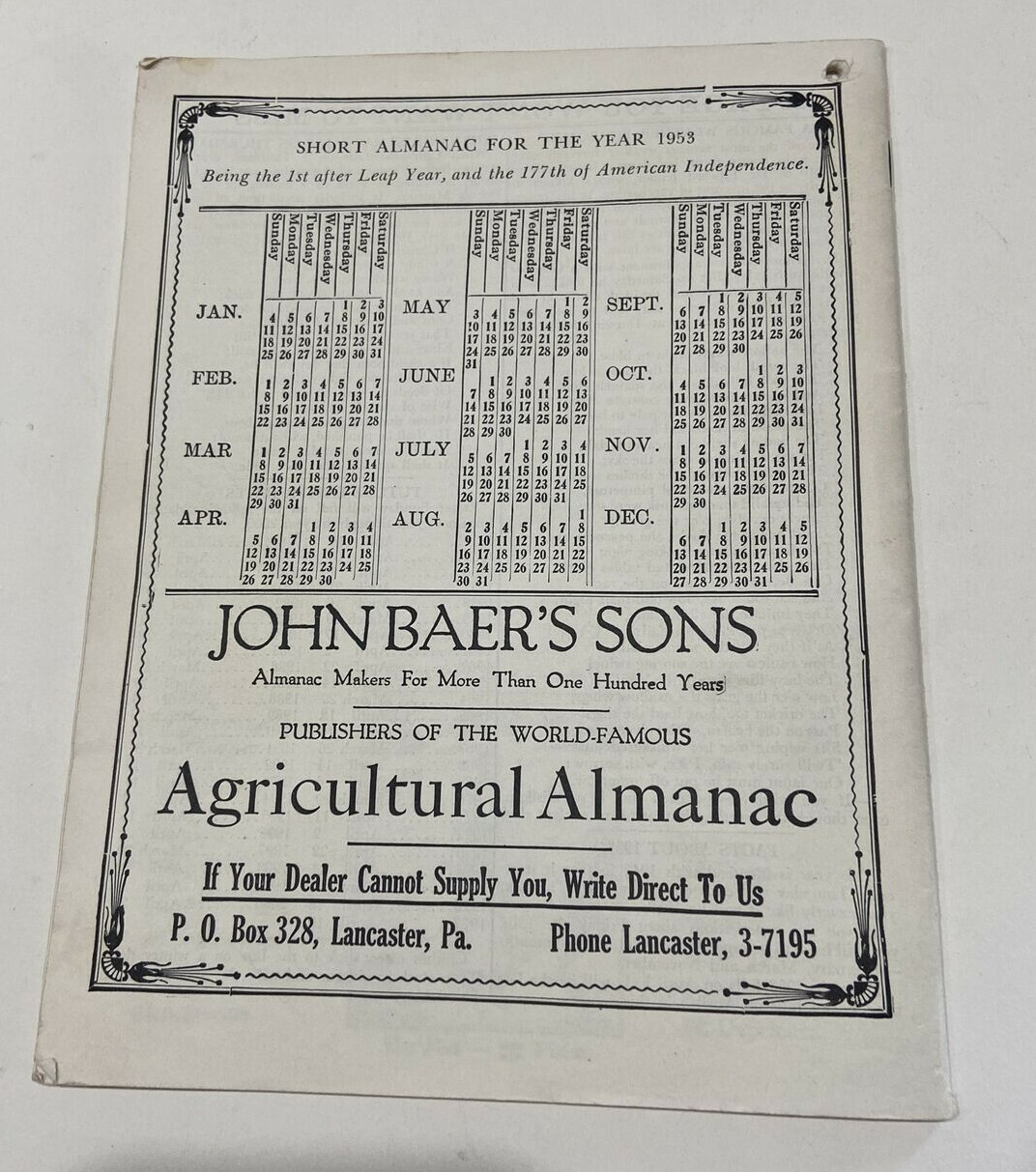 John Baer’s Sons Almanacs 1954, 1953, 1952, 1951, & 1950 Almanacs – Lot of 5x