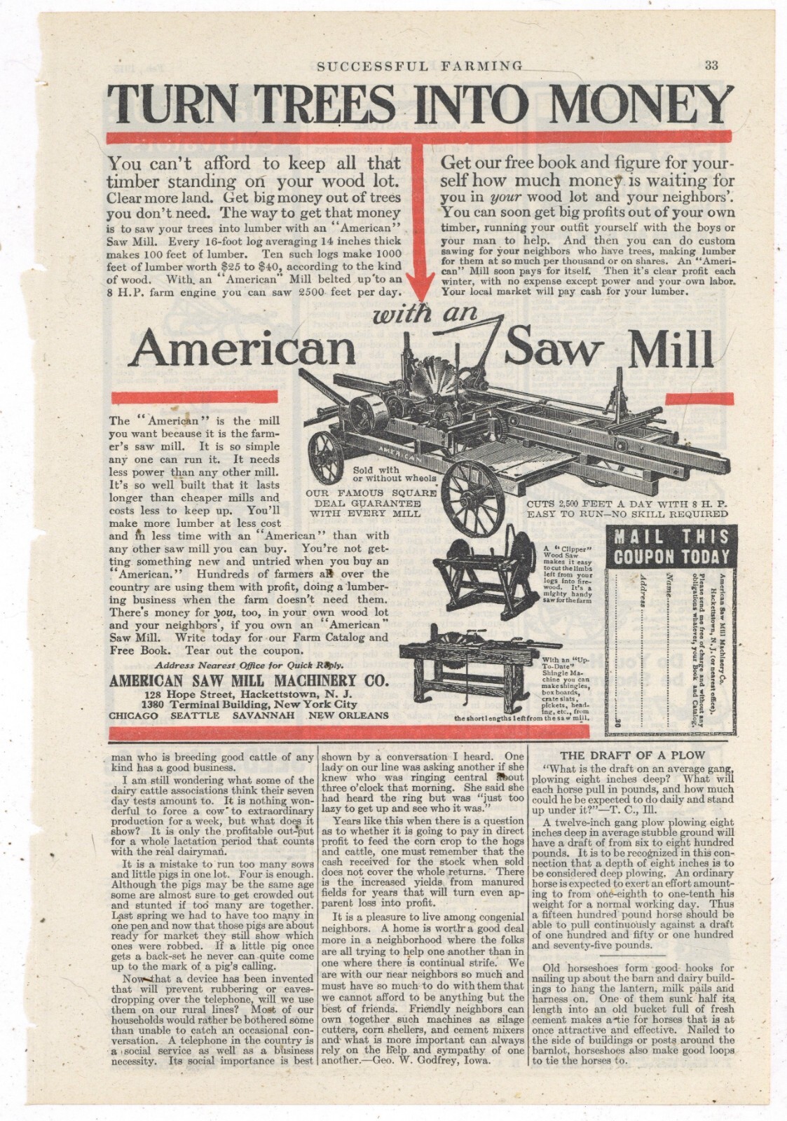 1915 American Saw Mill Machinery Co. Ad: Turn Trees into Money – Hackettstown NJ