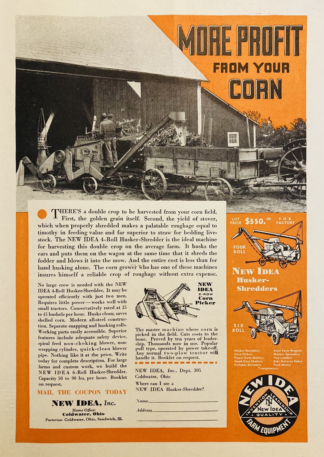 1937 AD.(XH81)~NEW IDEA, INC. COLDWATER, OHIO. NEW IDEA HUSKER-SHREDDERS