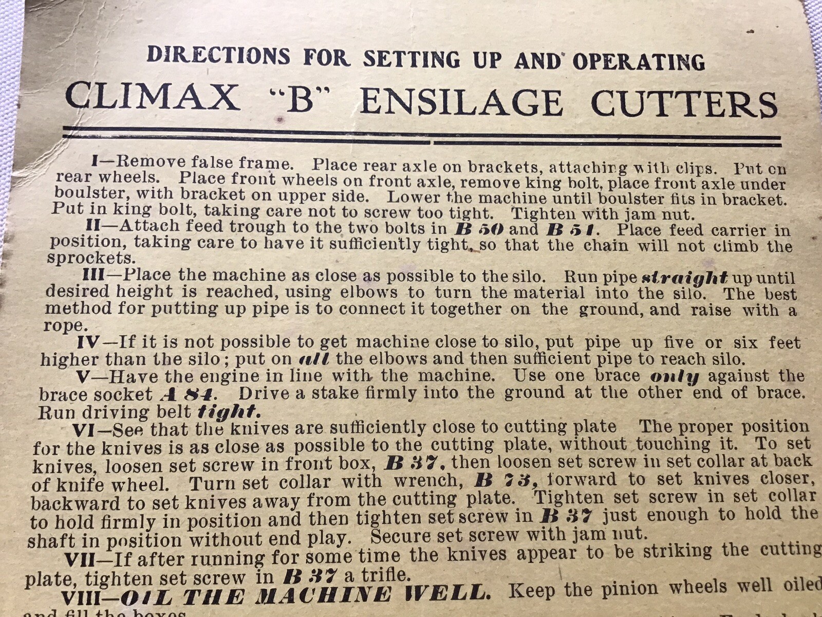 Vintage Cardboard Directions For Climax “B” Warsaw-Wilkinson Ensilage Cutters