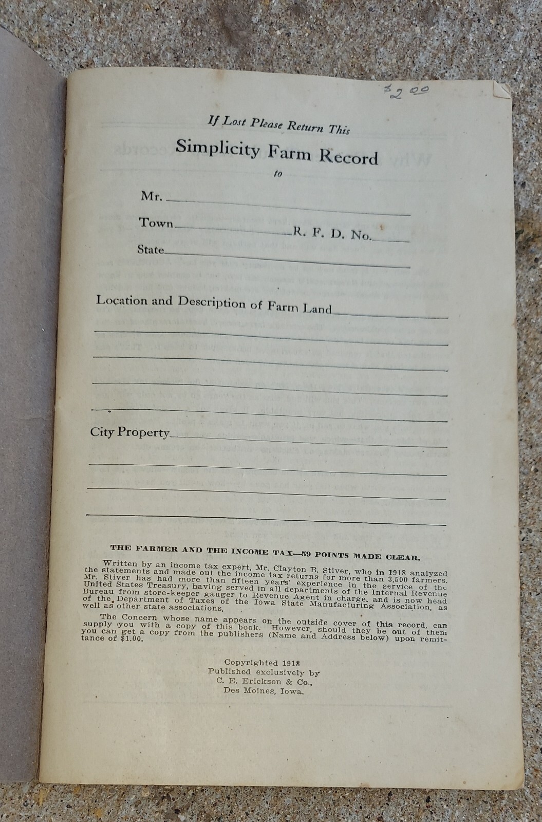 1919 The Simplicity Farm Record Wm. Walton Nephews Freeport IL Dry Goods Store