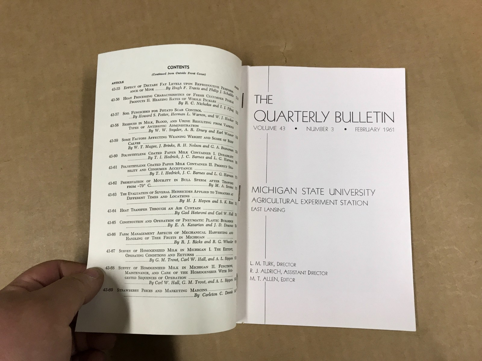 VTG Michigan State Agriculture Quarterly Bulletin – Vol. 43 No.3 – February 1961