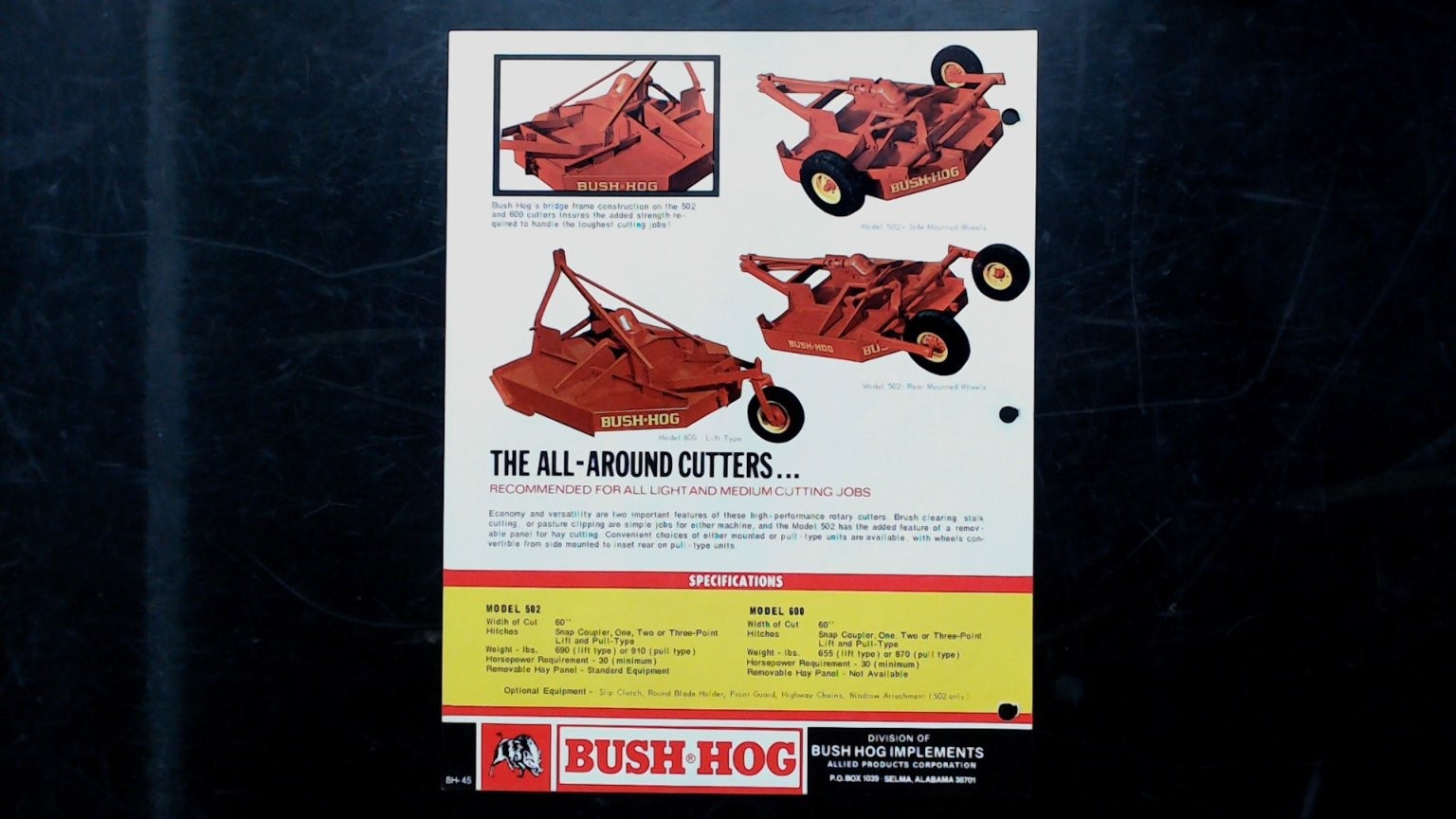 Bush Hog Rotary Cutters 502-600 Vintage Agriculture Brochure 60 Inch
