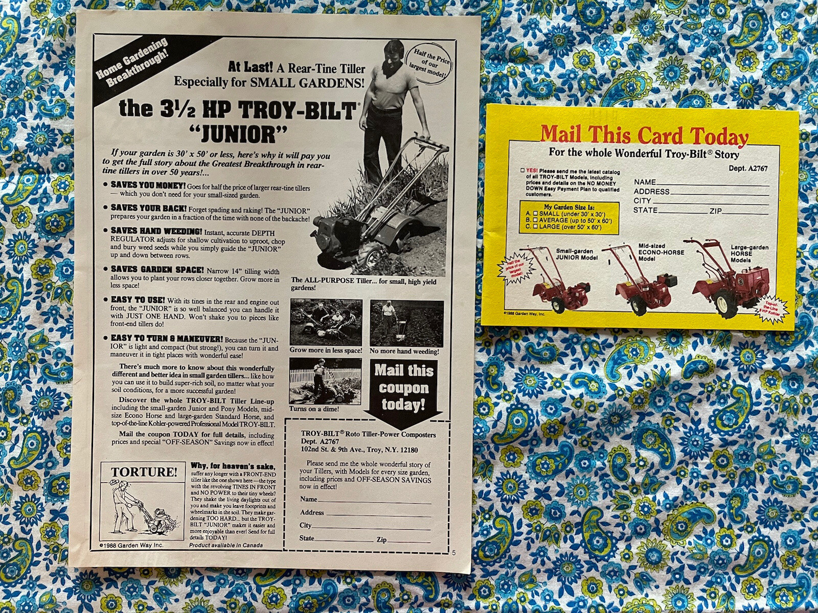 Vintage 1988 Troy Built Junior Tiller Print Ad Home Gardening