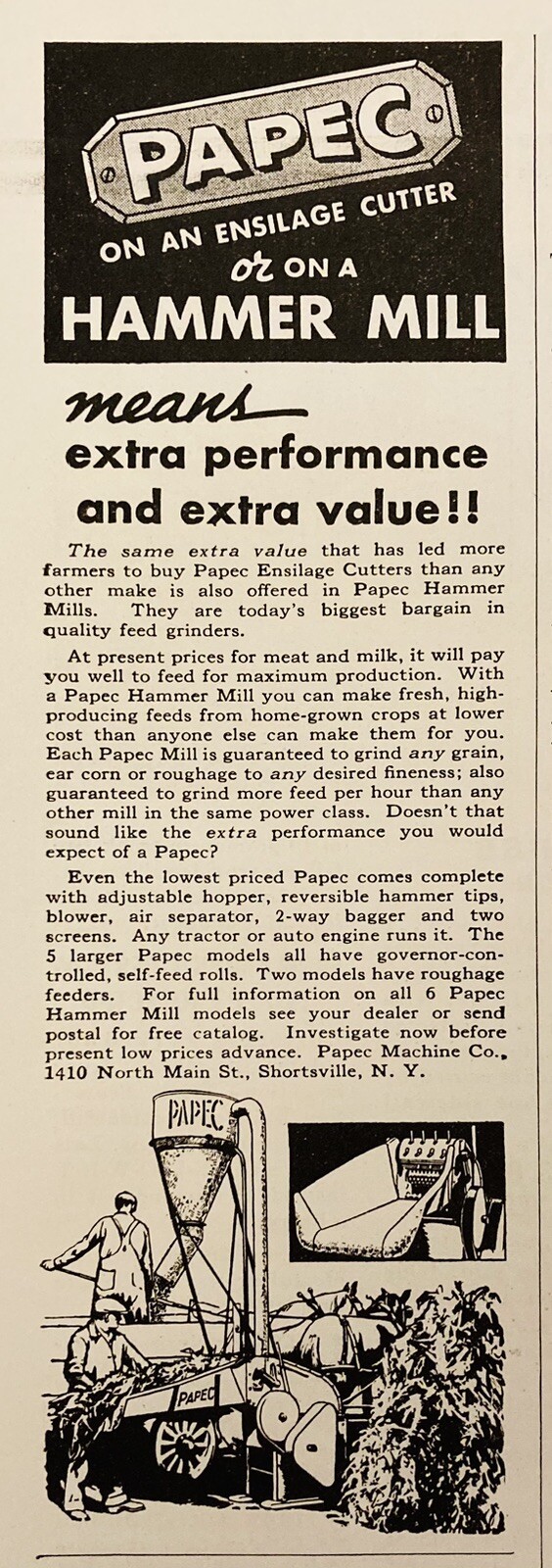 1937 AD.(XH81)~PAPEC MACHINE CO. SHORTSVILLE, NY. PAPEC ENSILAGE CUTTER MILLS