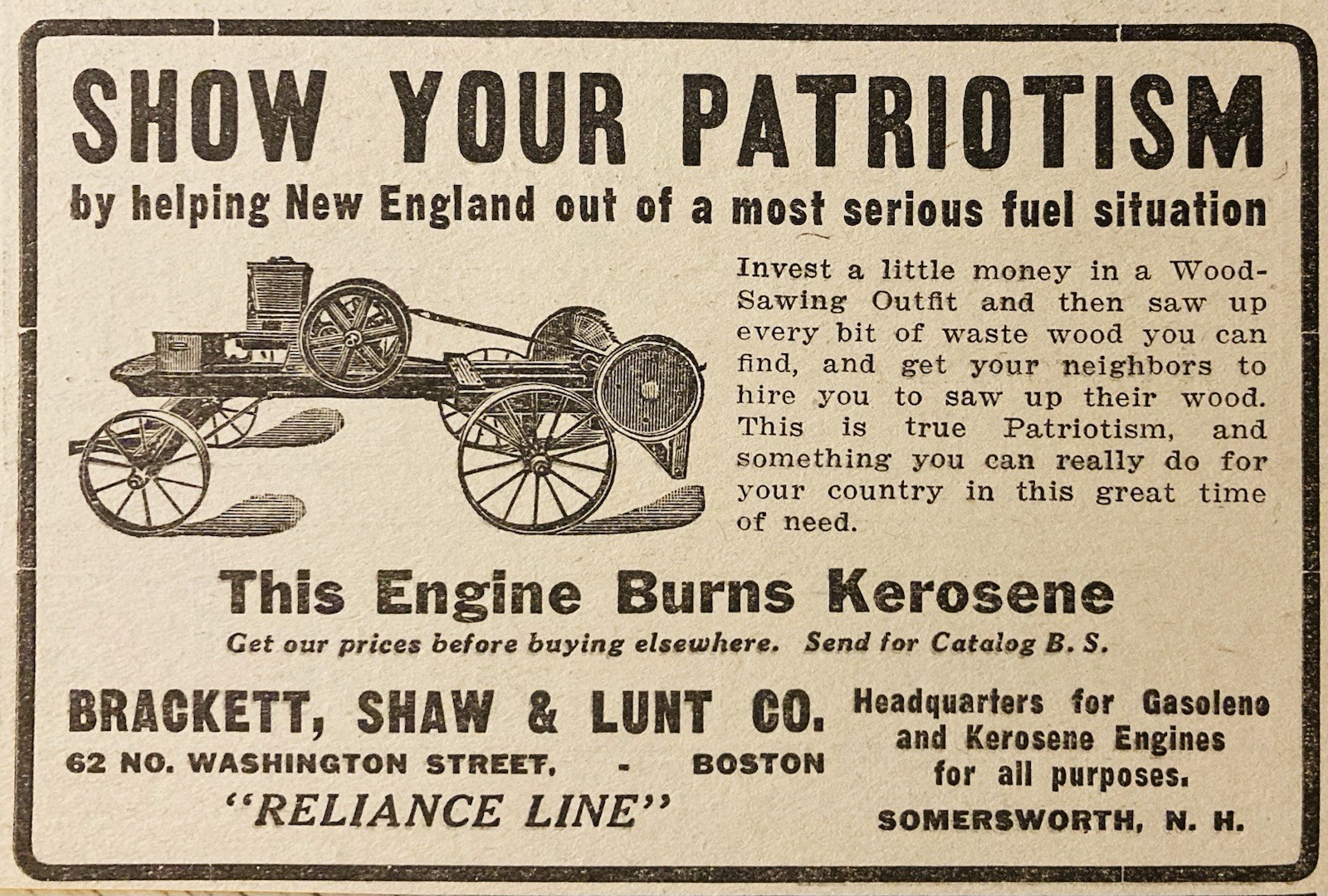 1918 AD.(XH85)~BRACKETT, SHAW & LUNT CO. SOMERSWORTH, NH. FARM MACHINERY DEALER