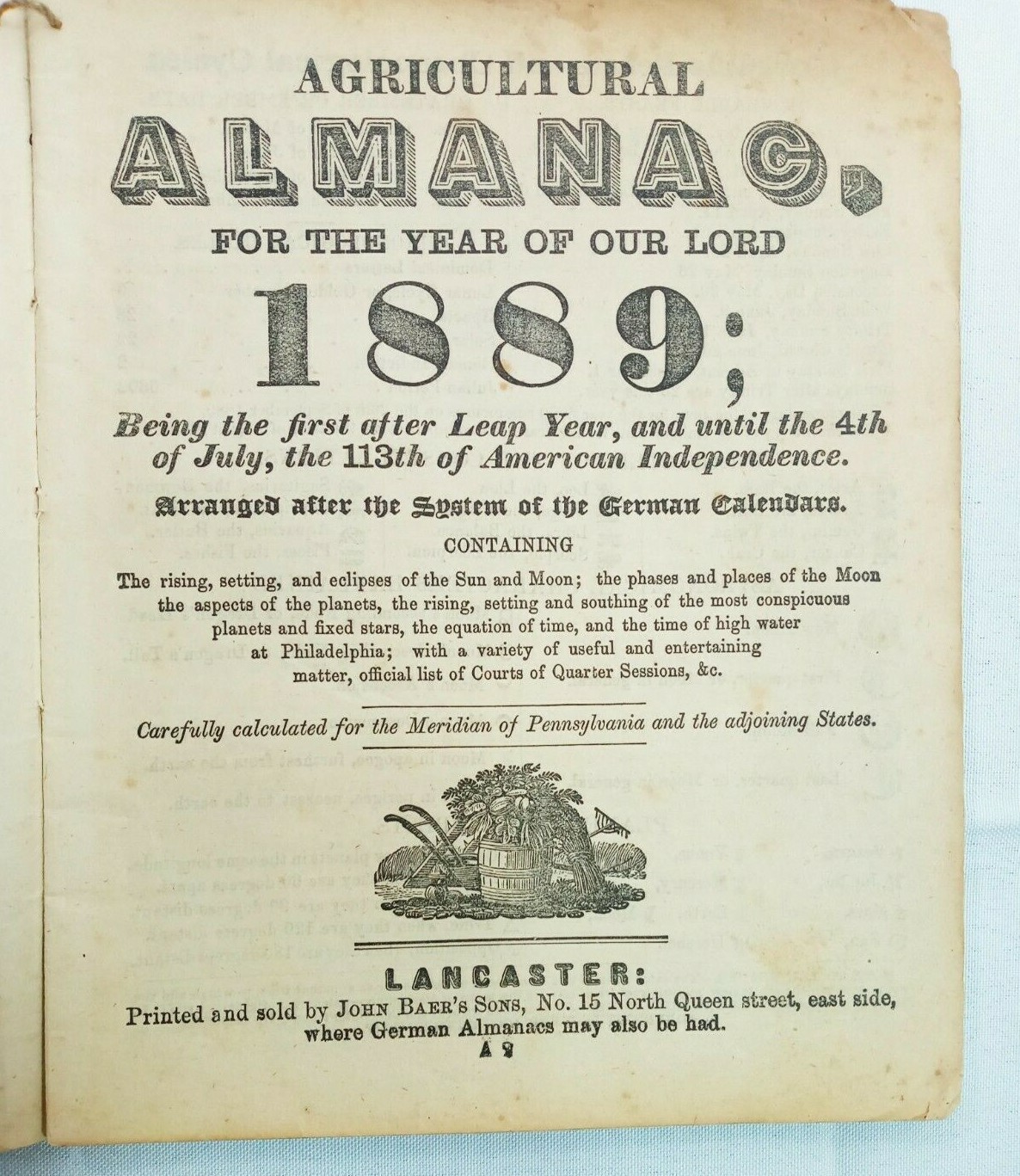 John Bear Baer’s Agricultural Almanac Lancaster, PA Antique Farmers Vintage 1889