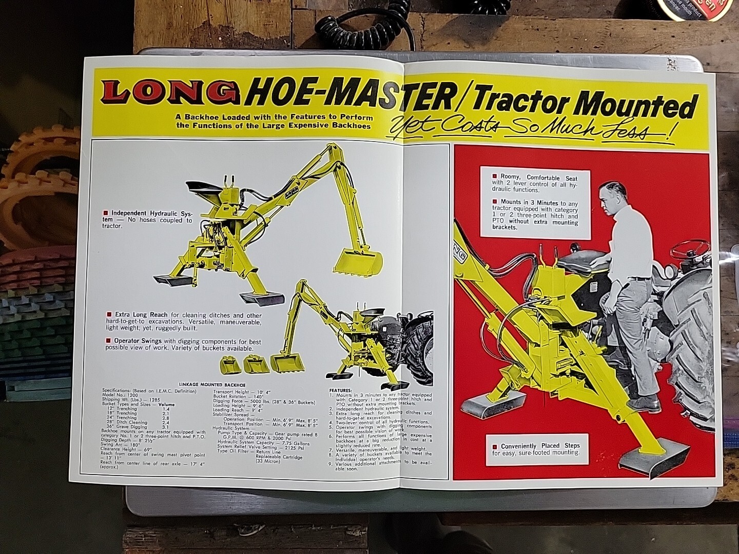 LONG Hoe-Master Rear Mount Tractor Backhoe. Vintage 1960s Farm Ad Sales Brochure