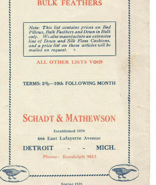 VINTAGE 1928 PILLOW & BULK FEATHER BROCHURE W/PRICES! TURKEY, GOOSE, DUCK DOWN!