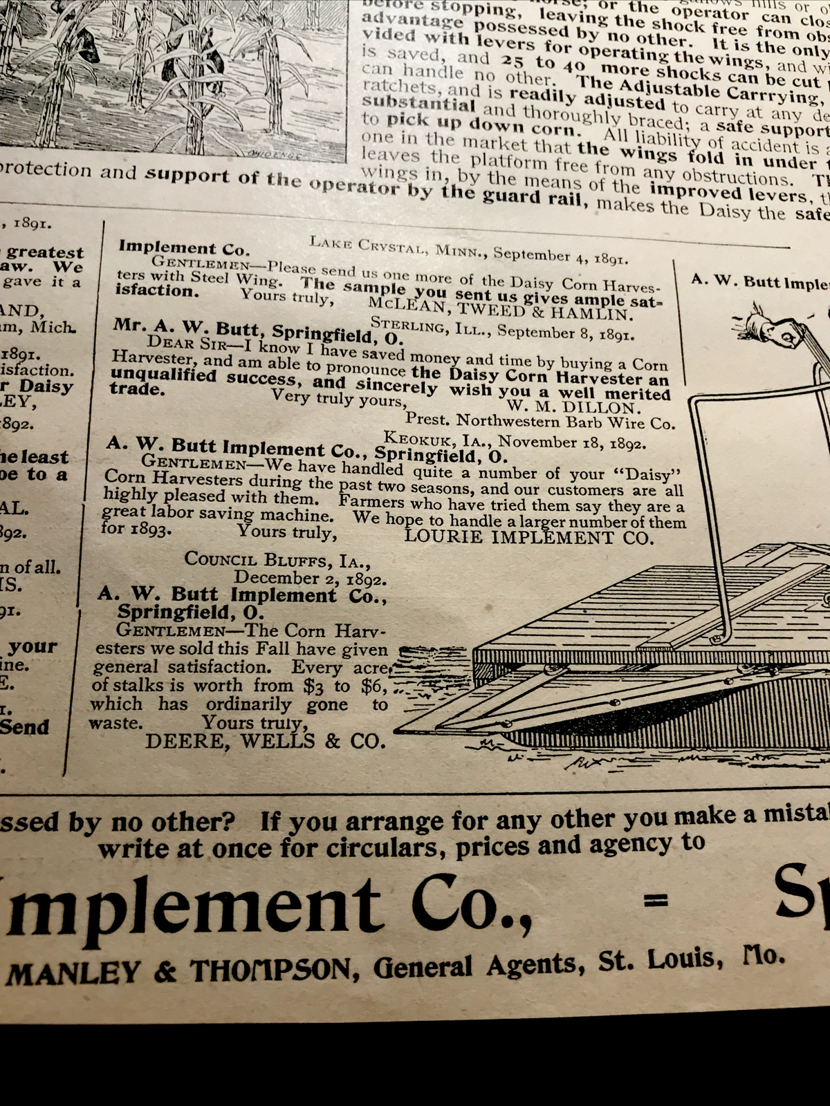 1893 Butt Daisy Corn Harvester Farm Engraving Advertising – Springfield – Ohio