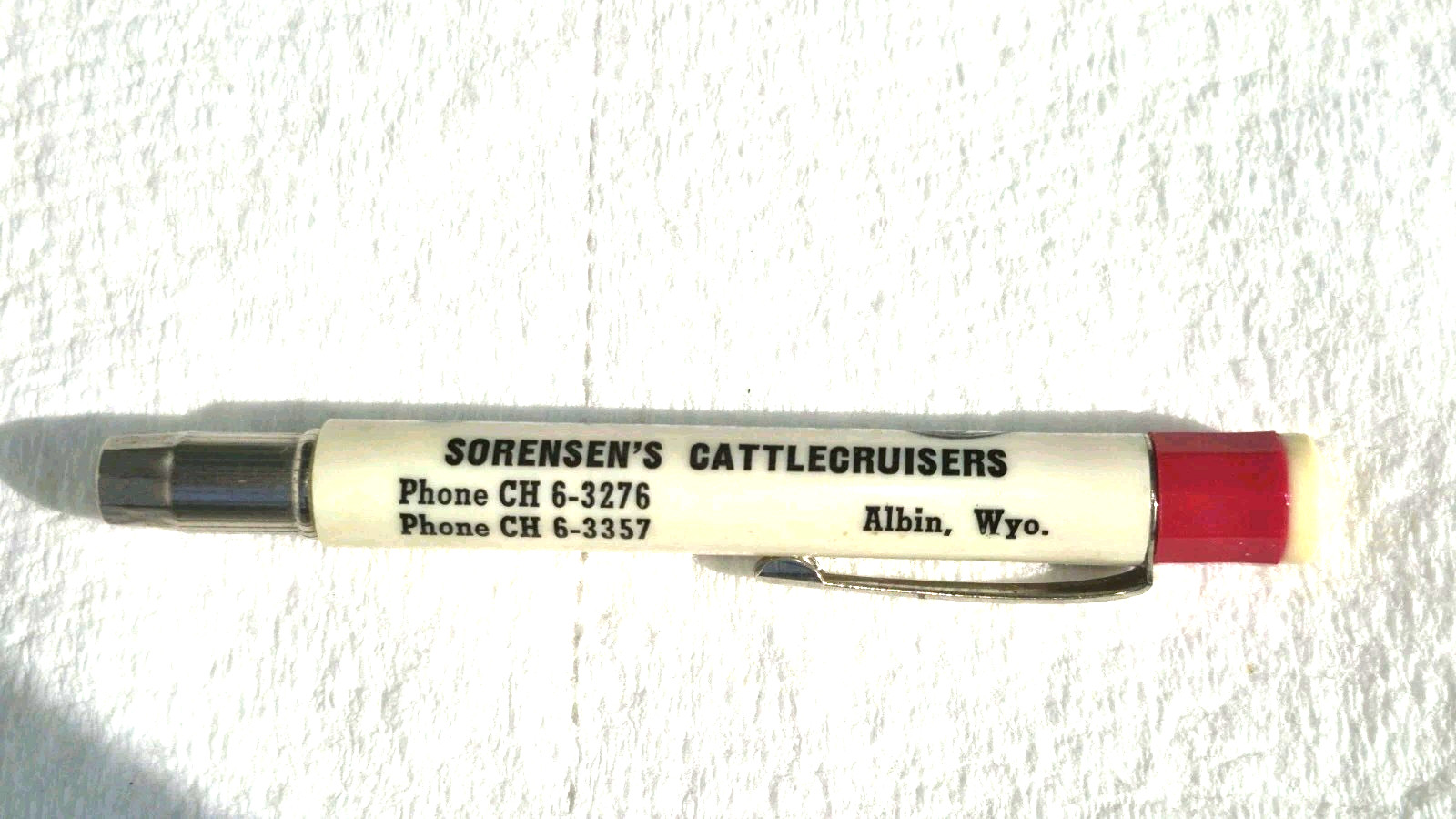 “Sorensen’s CATTLECRUISERS * Phone CH 6-2276/3357 * Albin, Wyo.” Bullet Pen
