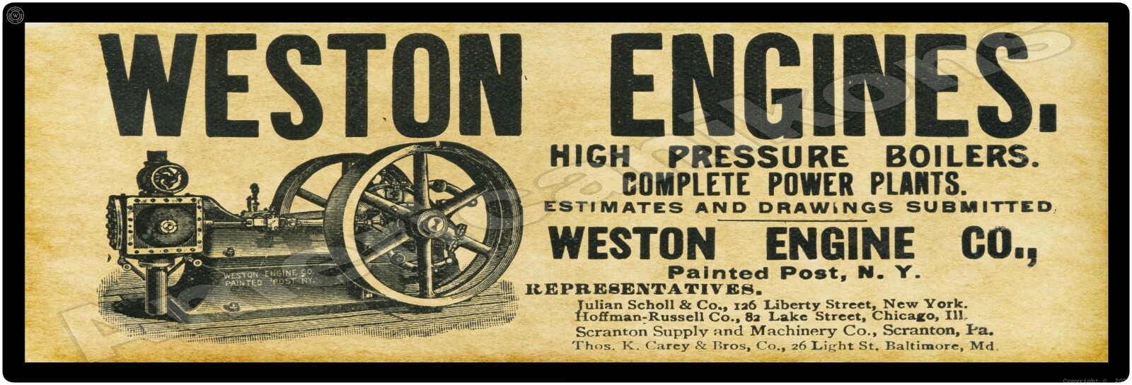 1895 Weston Engines New Metal Sign: For Power Plants – Painted Post, New York