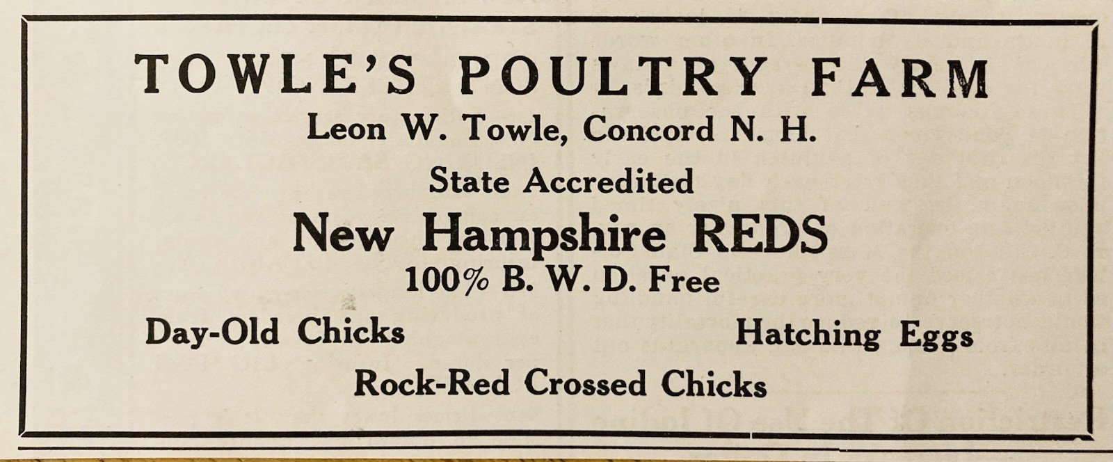 1934 AD.(XH82)~TOWLE’S POULTRY FARM, CONCORD, NH. NEW HAMPSHIRE REDS