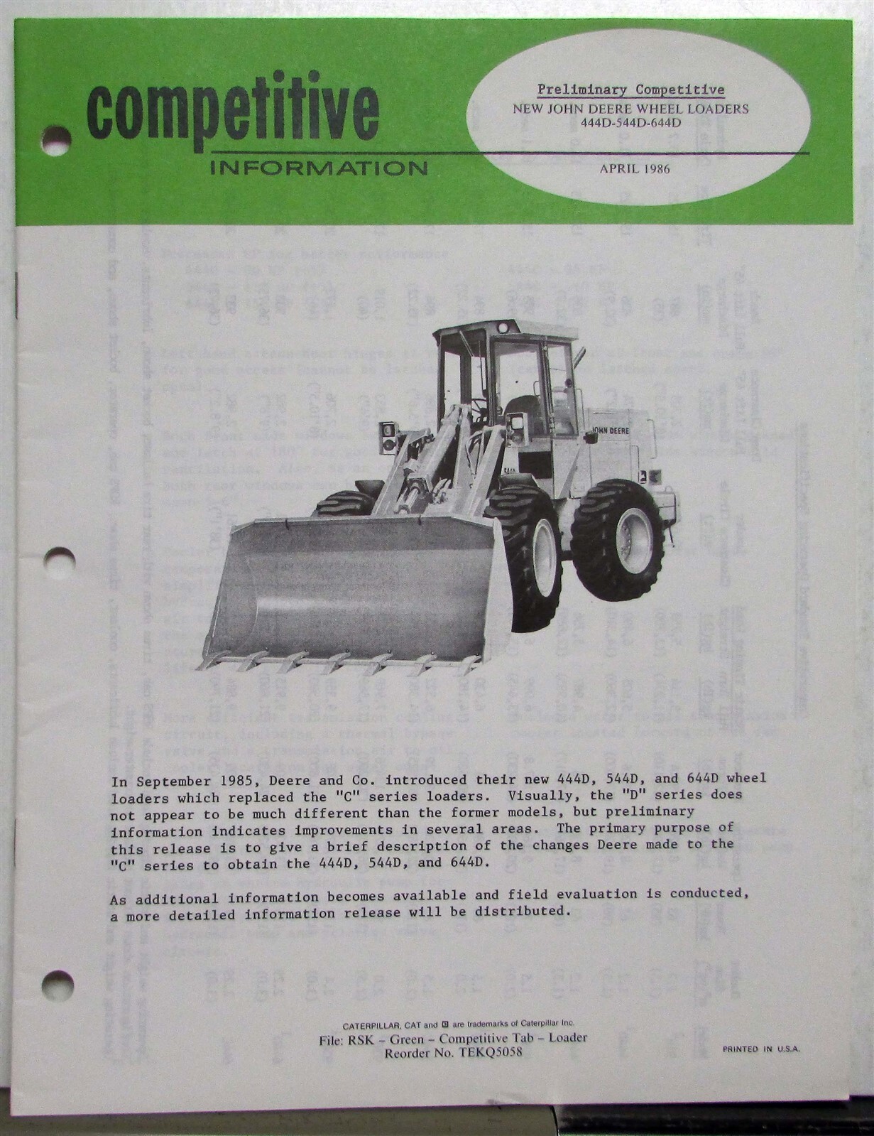 1986 Caterpillar Wheel Loader Spec Construction Competitive Information PRELIM
