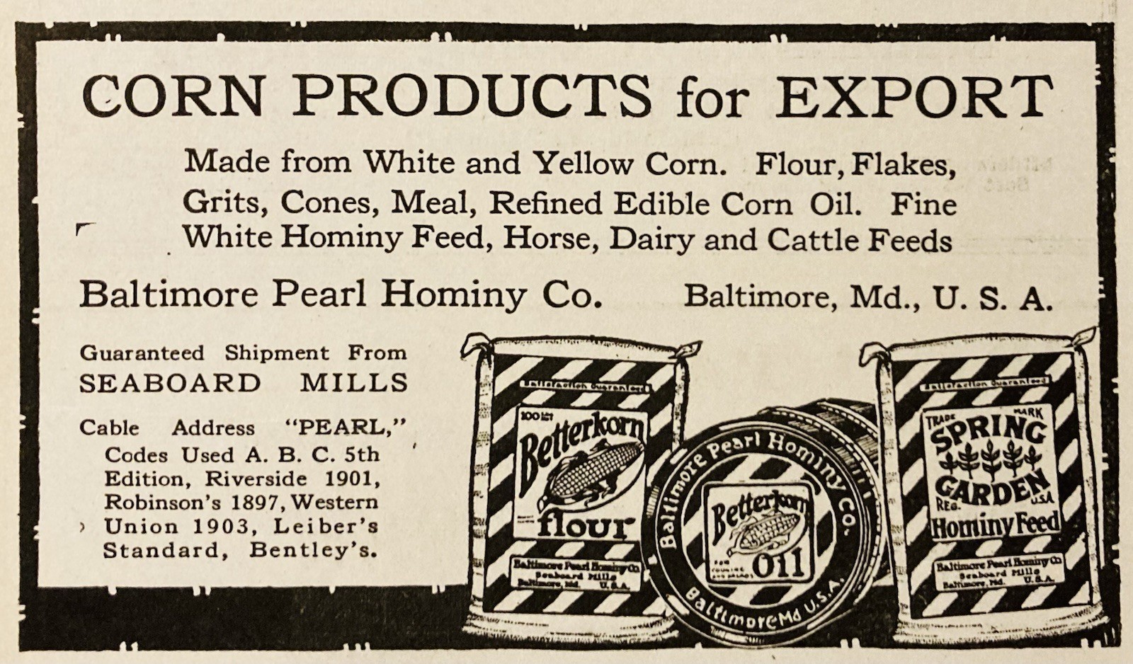 1919 AD.(PC9)~BALTIMORE PEARL HOMINY CO. MD. WHITE & YELLOW CORN PRODUCTS