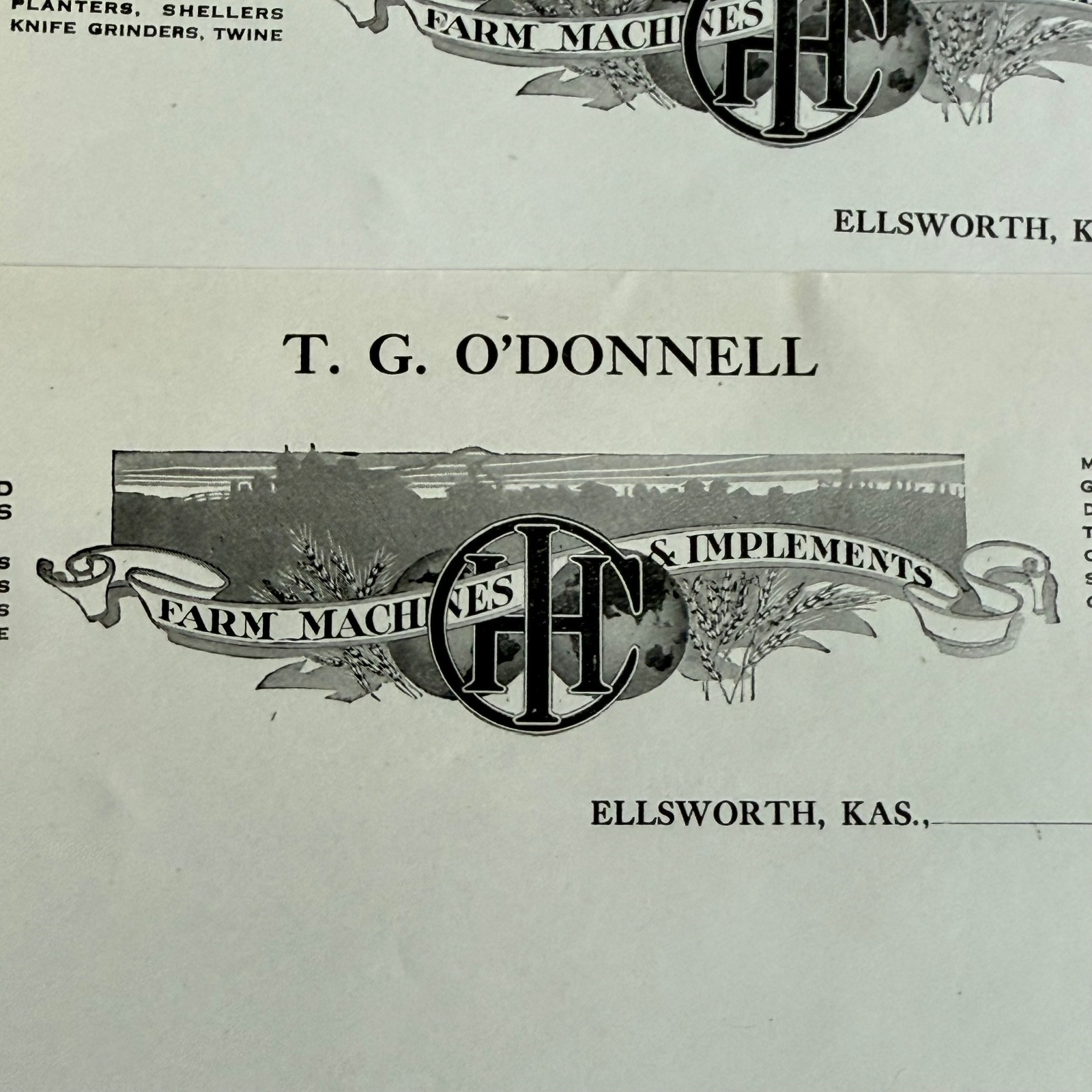 3 Vintage T.G. O’Donnell Letterhead Advertising Ellsworth KS Farm Implements