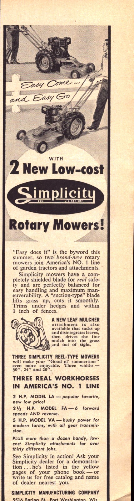 Simplicity Rotary Lawn Mowers Port Washington WI Workhorse Vintage Print Ad 1955