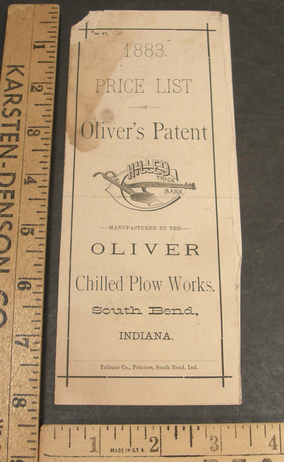 ANTIQUE 1883 PRICE LIST OLIVER AGRICULTURAL PLOW WORKS SOUTH BEND INDIANA