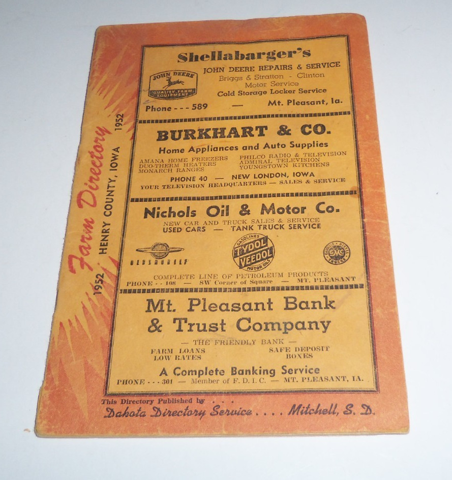 Vintage 1952 Iowa Farm Directory Henry Country 1950s