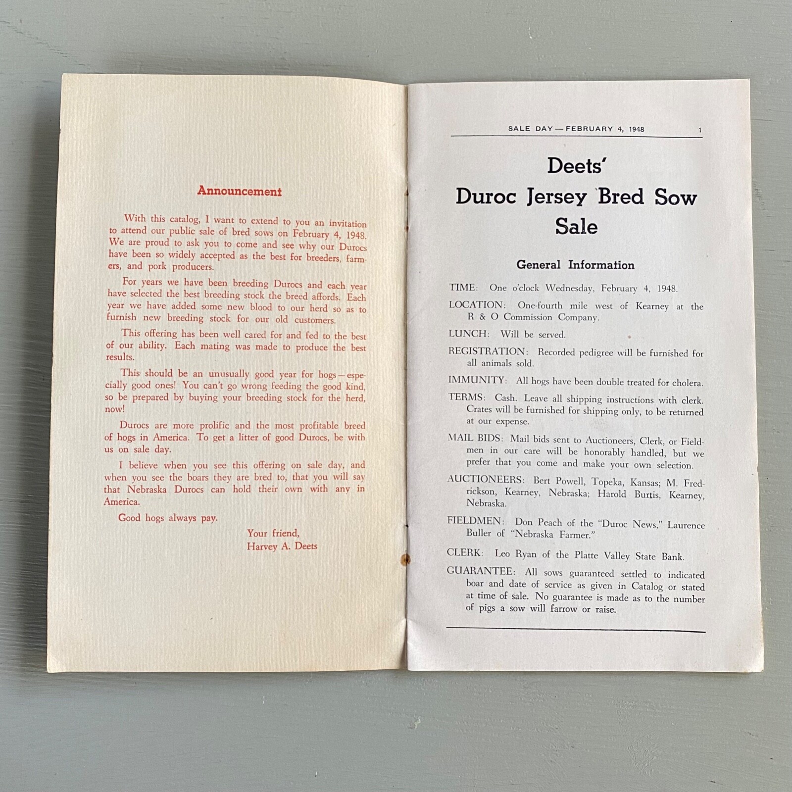 Vintage Purebred Durocs Hogs Pigs Sale Catalog Book Kearney Nebraska 1948