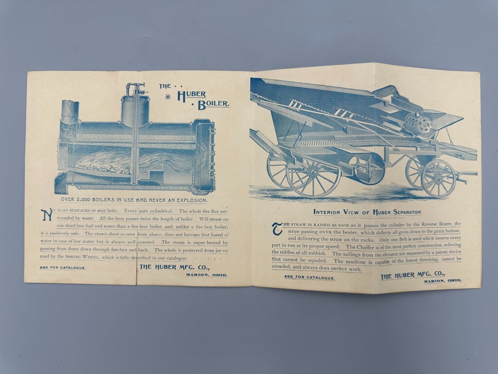 1880s HUBER ENGINE Farm THRESHER Advertise 4-Panel Folding Trade Card MARION OH