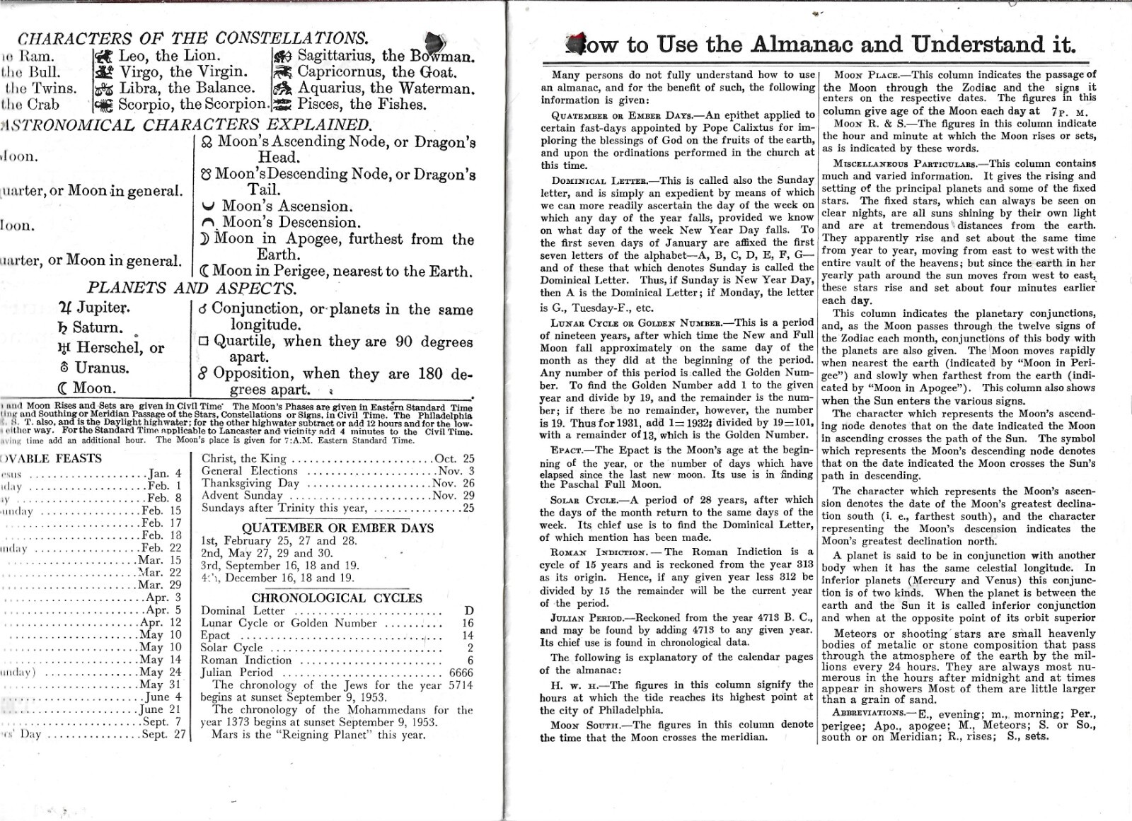 THEAGRICULTURAL ALMANAC FOR THE YEAR 1953, JOHN BAER’S SONS, LANCASTER,PA.