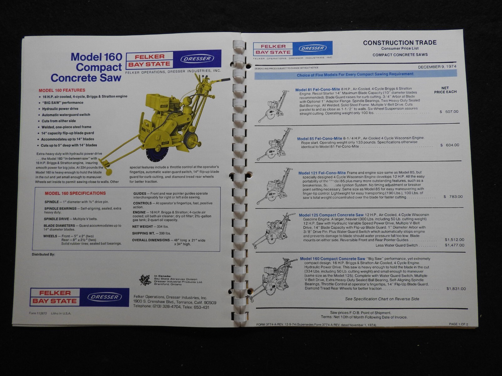 1974 Dresser Felker Bay State Concrete Saw Dealers’ Sales Catalog W/Prices MINTY