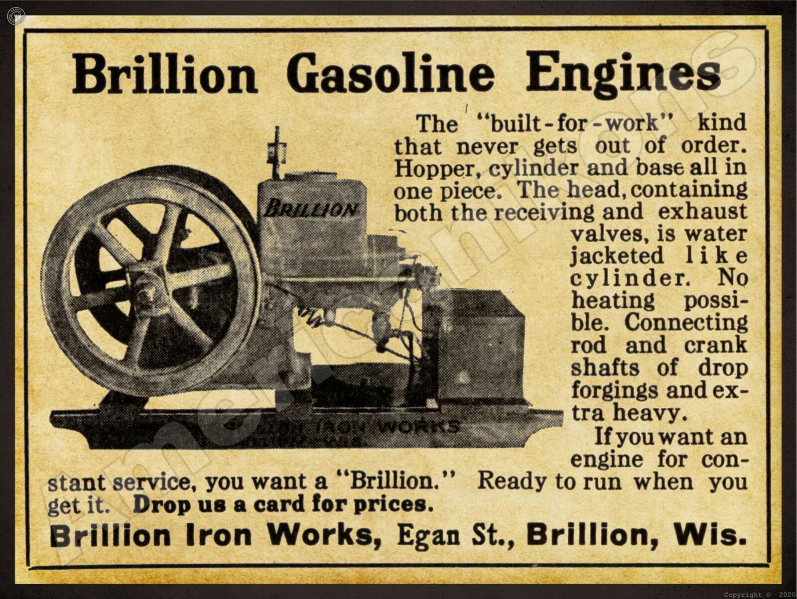 1912 Brillion Gas Engines, WISC. NEW Metal Sign 24″x30″ USA STEEL XL Size 7 lb