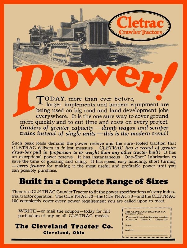 1927 Cletrac Tractors – POWER! NEW Sign: 24×30″ USA STEEL XL Size